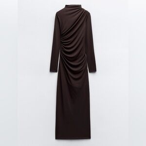 Zara Chocolate Draped Midi Dress Mock Neck Ruched Long Sleeve M